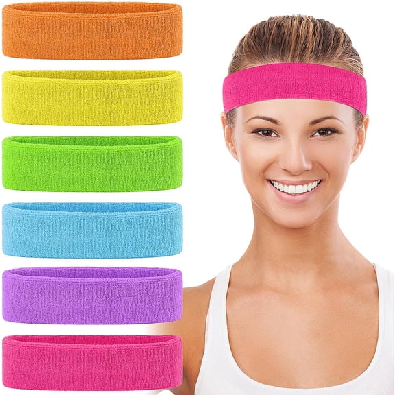 6 count 80s Headbands for Women, Terry Cloth Headband Neon Sweatbands 80s 90s Party Costume Accessories for Retro Party Decorations Gym Yoga Tennis Running Fitness