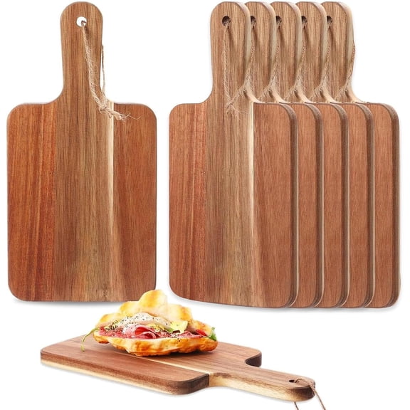6 count Acacia Board with Handle, Small Wooden Charcuterie Boards, Decorative Bulk Serving Boards for Kitchen Cheese Bread (12 x 6 x 0.6 Inch)