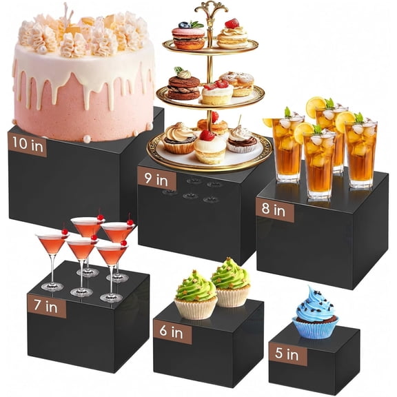 6 count Black Buffet Risers Set (Size 5",6",7",8",9",10"), Risers for Buffet Table Display Stand Shelf for Party Catering Dessert Collectibles Cube Boxes Display with Hollow Bottoms