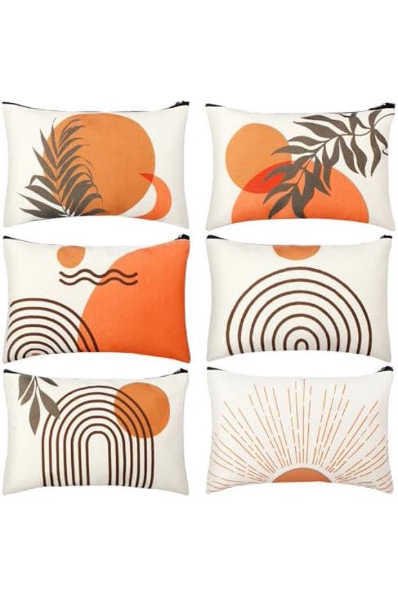 6 count Boho Makeup Bag Canvas  Bags Makeup Pouch for Purse Sunshine Ray Retro  Linen Zipper Preppy Pouch Cute Organizer for Women, Bobo Style