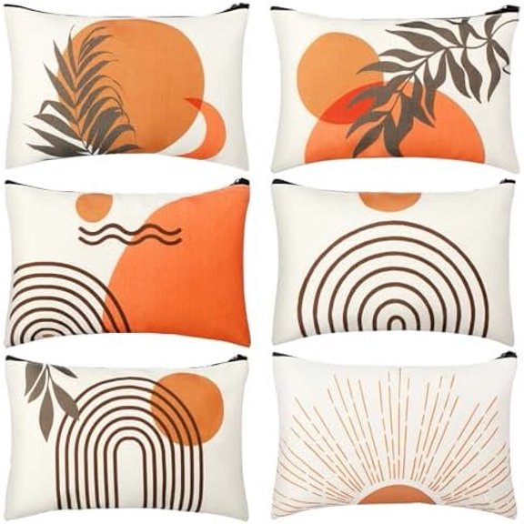 6 count Boho Makeup Bag Canvas Bags Makeup Pouch for Purse Sunshine Ray Retro Linen Zipper Preppy Pouch Cute Organizer for Women, Bobo Style