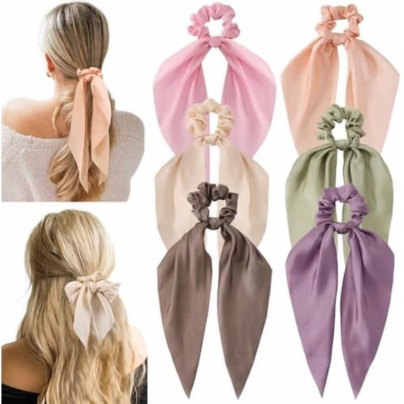 6 count Bow Silk Scrunchies, Hair Ties with Bow, Hair Scarf Scrunchies | Knotted Scrunchie Bow for Women, Satin Hair Ribbon Scrunchy Elastic Hair Tie Accessories, Long, Colorful