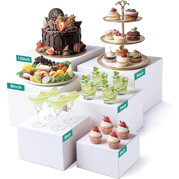 6 count Buffet Risers, White Display Boxes for Buffet Table, Party or Dessert, Cube Riser Stand for Catering, , Collectibles, Stackable Nesting Sizes 10", 9",8", 7", 6", 5" (large)