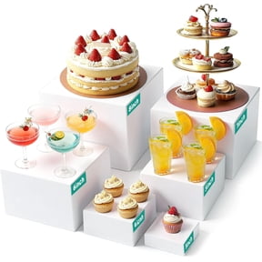 6 count Buffet Risers, White Display Boxes for Buffet Table, Party or Dessert, Cube Riser Stand for Catering, , Collectibles, Stackable Nesting Sizes 8", 7", 6", 5", 4", 3" (small)
