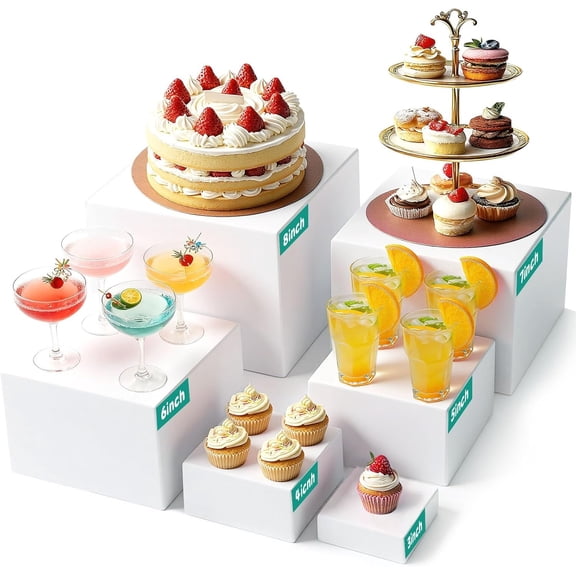 6 count Buffet Risers, White Display Boxes for Buffet Table, Party or Dessert, Cube Riser Stand for Catering, , Collectibles, Stackable Nesting Sizes 8", 7", 6", 5", 4", 3" (small)