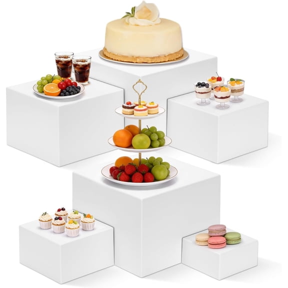 6 count Buffet Risers, White Large Risers for Buffet Table with Mini Table Sign, Display Stand Shelf for Party, Catering Cube Nesting Boxes (9" 8" 7" 6" 5" 4" )