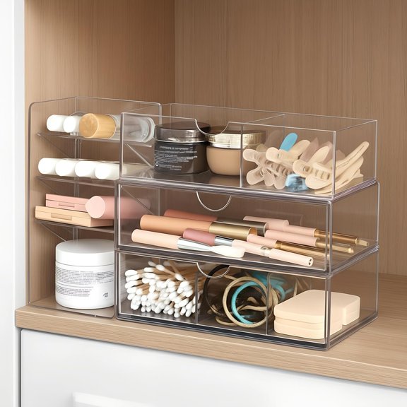 6 count  Cabinet Organizer  Stackable Clear Makeup Organizer with 2 Drawer 1 Storage Box 2 U Movable Partition and 1 Vertical Layered Storage Rack for Bathroom Cabinet Wall