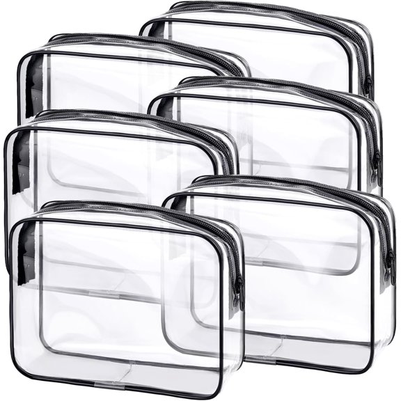 6 count Clear Makeup Bags Bulk TSA Approved Toiletry Bag for Travel PVC Clear Pouch with Zipper for Men and Women Carry- Travel Essentials (Black)