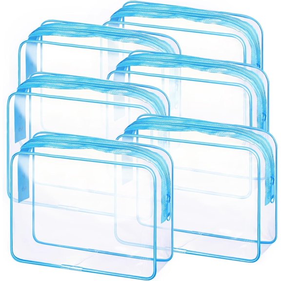 6 count Clear Makeup Bags Bulk TSA Approved Toiletry Bag for Travel PVC Clear Pouch with Zipper for Men and Women Carry- Travel Essentials (Blue)