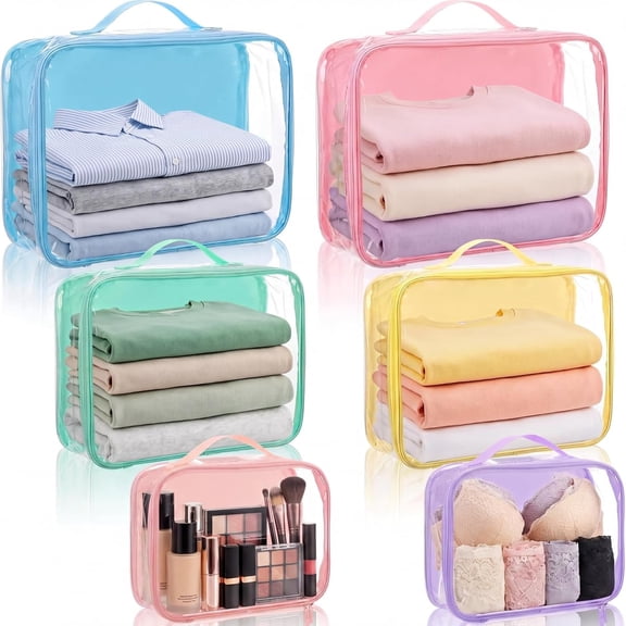 6 count Clear Packing Cubes for Travel Luggage Organizer Bag See Through PVC with Handle for Suitcase Summer Camp Travel Luggage Storage Organizer Multipurpose Pouch Toiletry Bag(Bright Color)