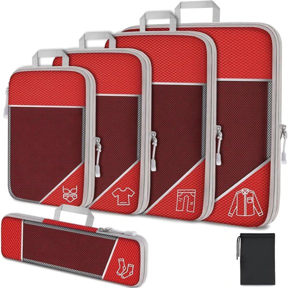 6 count Compression Packing Cubes Set, Travel Luggage Organizer with Drawstring Bag, Lightweight Nylon Suitcase Storage Bags for Travel Camping Business Trip(Red)