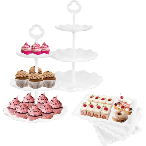 6 count Cupcake Stand White Dessert Table Display Set 2 count 3 Tier Plastic Cake Stand Holder 4 count Dessert Serving Tray Cookie Platter Rack Tower for  Party Wedding  Shower