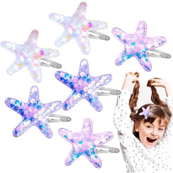6 count Glitter Starfish Hair Clip, Sea  Hair Barrettes Bling Beach Snap Hair Clips Starfish Hairpins for Women Girls Headwear Styling(, , White)