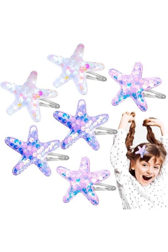 6 count Glitter Starfish Hair Clip, Sea Hair Barrettes Bling Beach Snap Hair Clips Starfish Hairpins for Women Girls Headwear Styling(, , White)