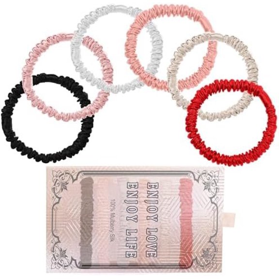 6 count Hair Scrunchies Mulberry Silk Scrunchie for Women Girls Curly Thick Satin Thin Hair .Women's Black Large Cute Big Sleepy Bulk Small Tie Scrunchie Sleep