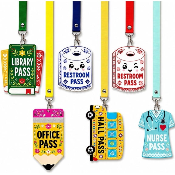 6 count Hall Pass Lanyards and School Passes, English Spanish Passes