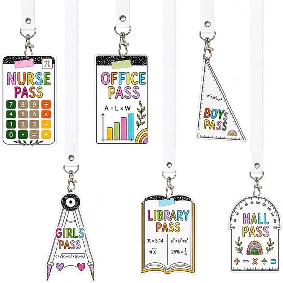6 count Hall Pass Lanyards and School Passes, Math Classrooms Passes