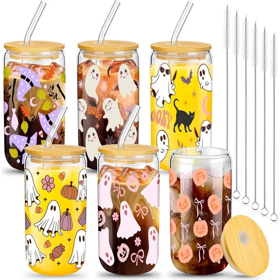 6 count Halloween Glass Cups 16 oz Iced Coffee Cups Pumpkins Bat Tumblers with and Straws Spooky Mug Mason Jar Glass for Halloween Party(Classic Style)