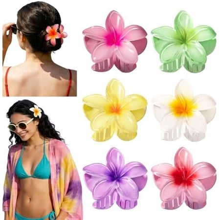 6 count Hawaiian Flower Hair Clips for Women, Cute Plumeria Flower Claw Clips Hawaiian Hair Accessories for Girls, Hawaii Tropical Decor, Beach Pool Outfit, Luau Party Supplies, Wedding