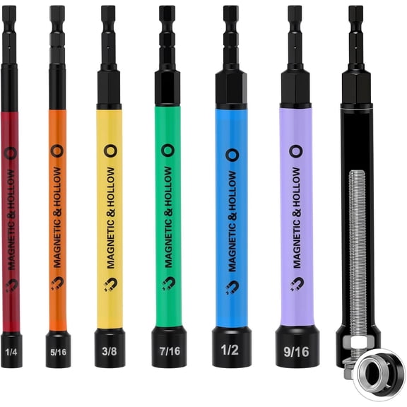 6 count Hollow Shaft  Nut Driver Set, 1/4 to 9/16-Inch Color Coded Hex Sockets, 5-Inch Extended Reach SAE Nut Setters, Cr-V Steel  Rated for HVAC & Automotive Repair