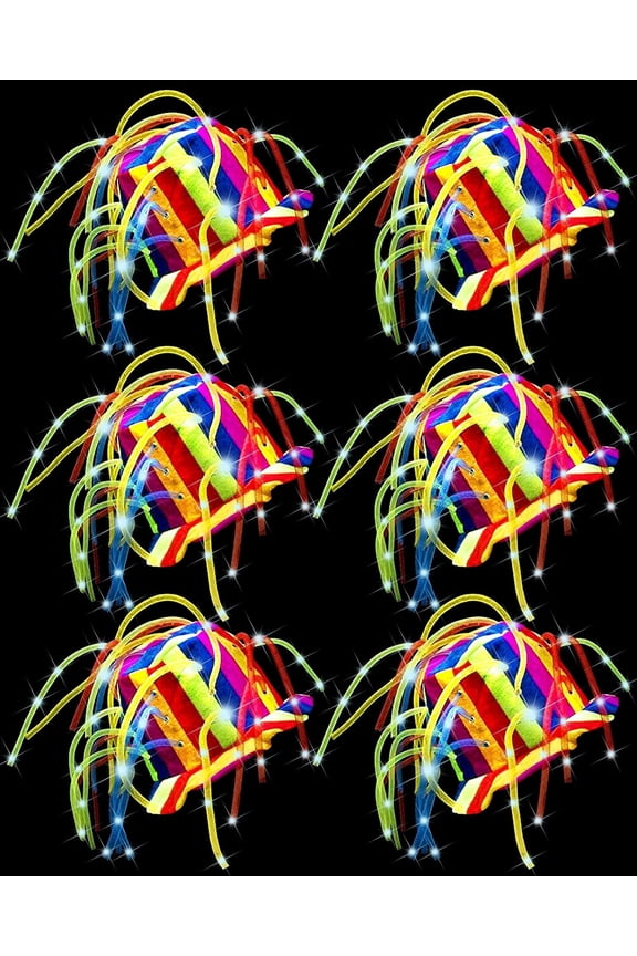 6 count LED Funny Clown Crazy Hat Light up Jester Glow in Dark Crazy Hat Mardi Gras Noodle Hair for Adults Party Costume Decor Supplies