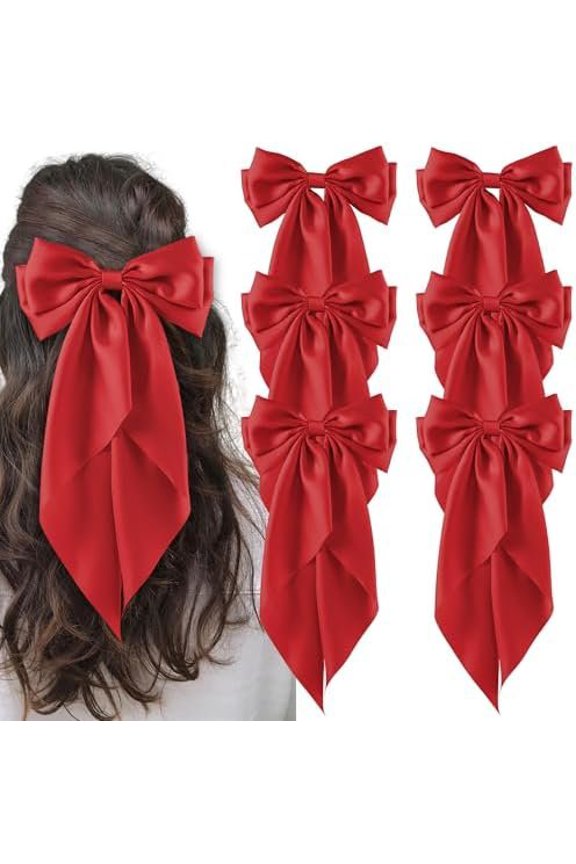 6 count Large Bows Hair Clips for Women Girls Long Tail Hair Ribbon Silky Satin Barrettes Bows Accessories (Red)