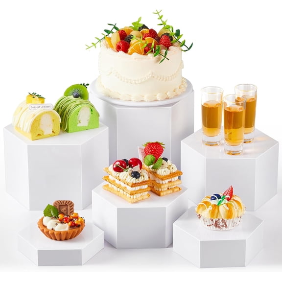 6 count Large Buffet Risers, 5.5 to 8 Inch Catering Dessert Table Risers  Decorative Stands with hollow bottom for Catering Supplies, Party(White, Hexagonal)