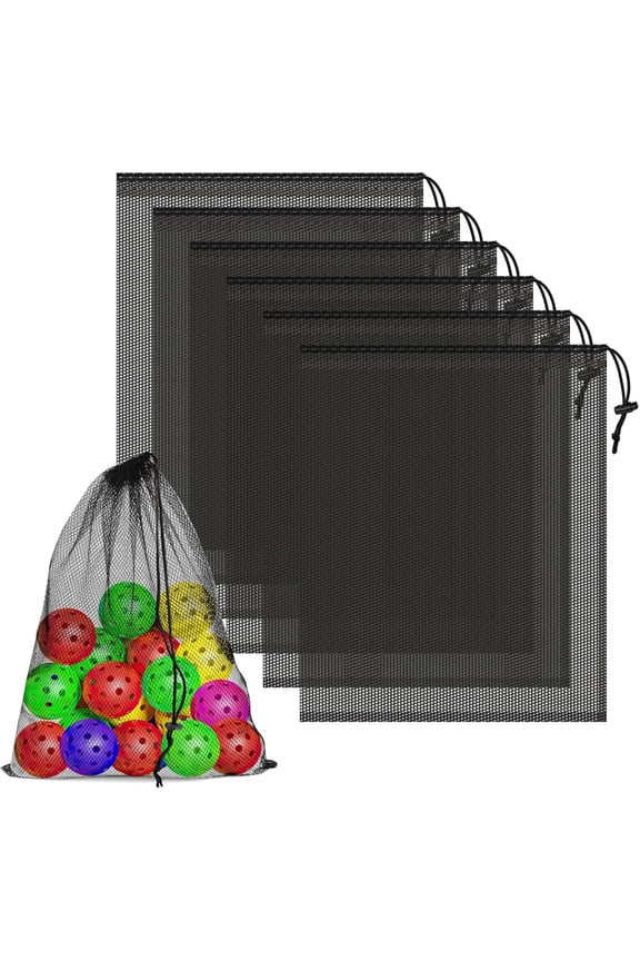 6 count Mesh Bags Drawstring, 14x17 Inch with Lock, Multipurpose Storage Bags for Gym, Balls, Beach, Laundry(Black)