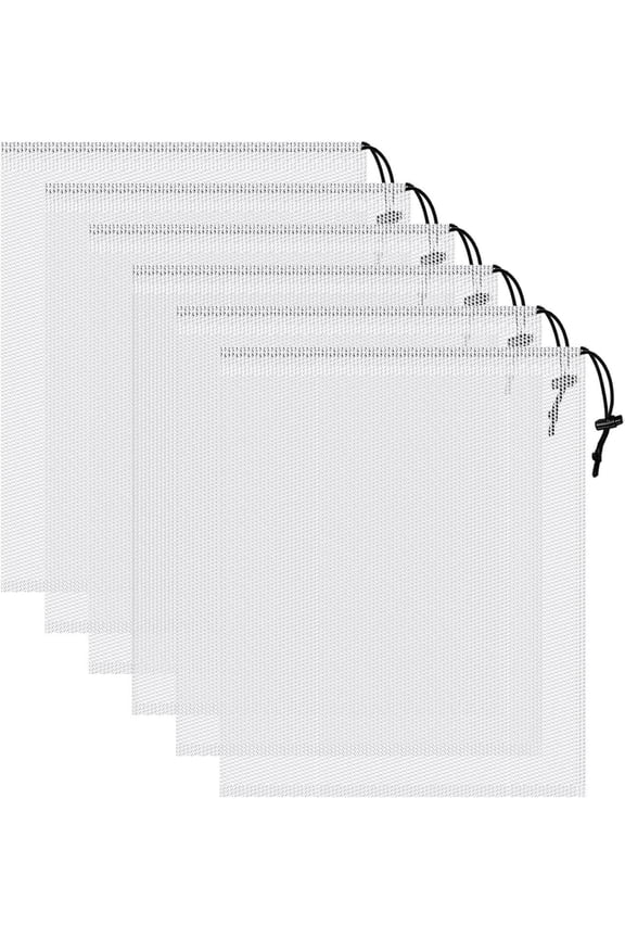 6 count Mesh Bags Drawstring, 14x17 Inch with Lock, Multipurpose Storage Bags for Gym, Balls, Beach, Laundry (White)