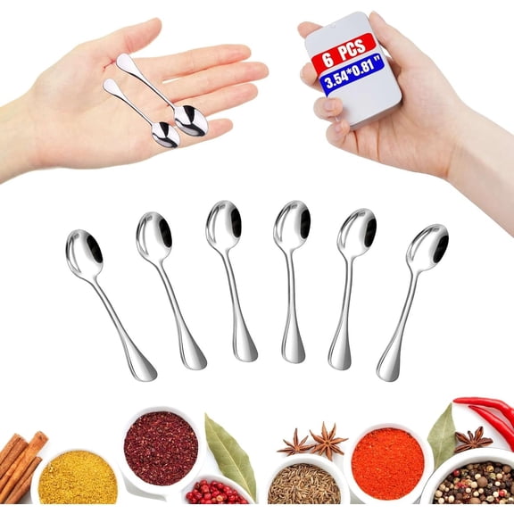 6 count Mini Stainless Steel Spoons (Upgraded Larger Size 3.54 inch) - Small Salt Spoons SUS 304  Grade Mini Seasoning Spoon for  Spices Jars, Pepper, Sugar, Honey