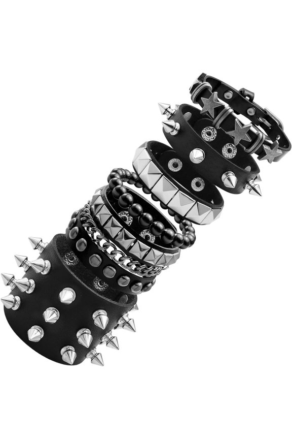 6 count Punk Rock Spiked Studded Bracelets Set for Women Men 80s Alt Gothic Grunge Emo Bracelets Accessories Retro Beaded Y2K Cuff Bracelet PU Snap Button Wristband for Rocker Outfits