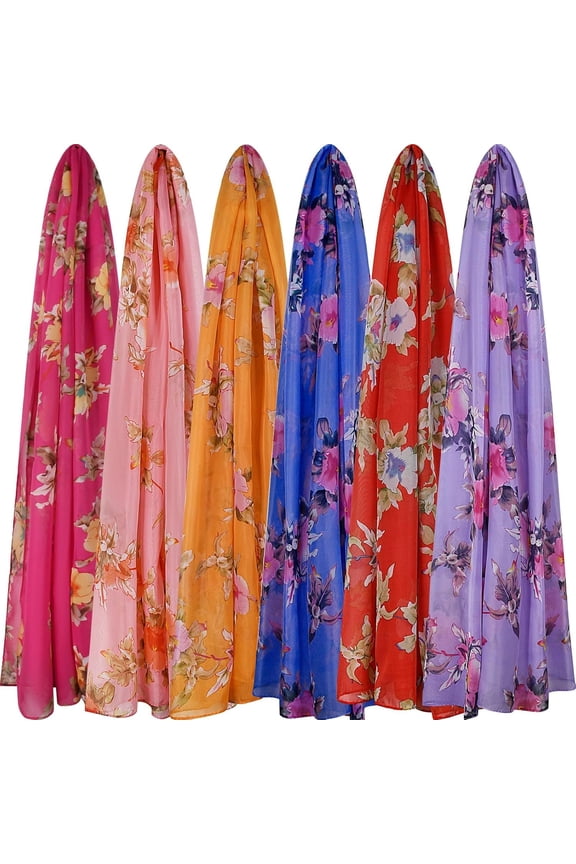 6 count Scarves for Women Ladies Lightweight Silk Gorgeous Floral Lotus Print Chiffon Scarves
