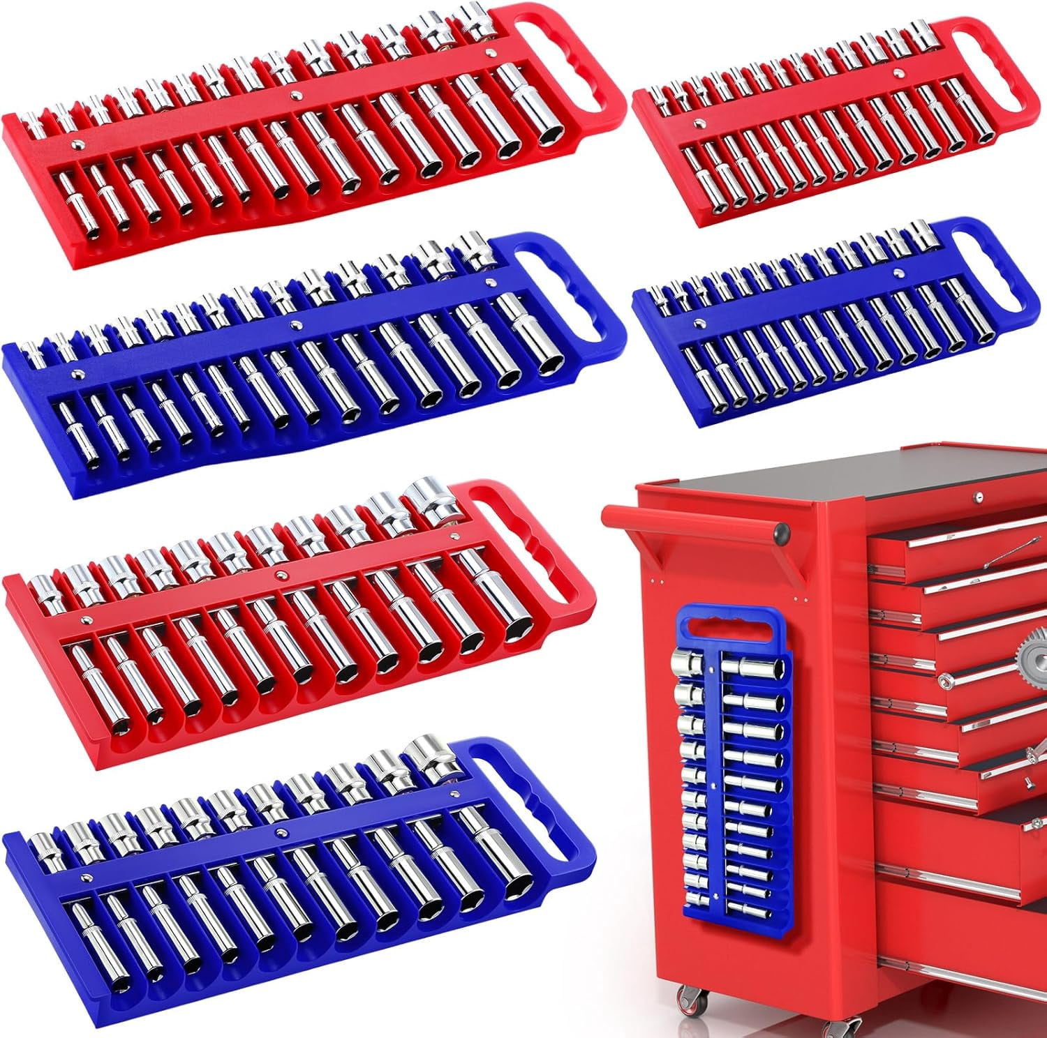 6 count Socket Organizer Holder Case Rail Rack for 1/2'', 3/8 '', 1/4 ...