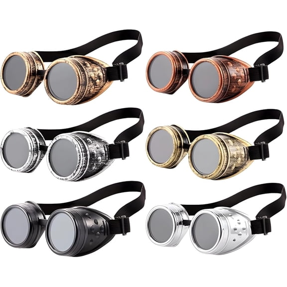 6 count Steampunk Goggles, Adjustable Strap Victorian Style Costume Glasses, Cyber Punk Eyewear with Round Lens, Halloween Party Accessories