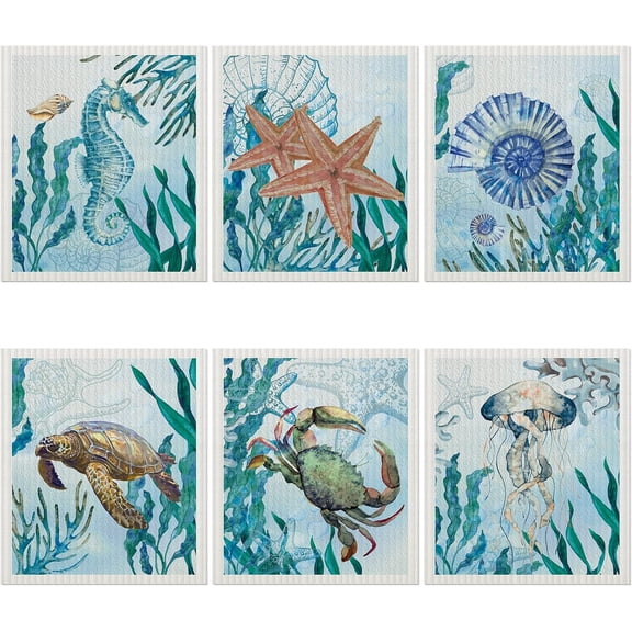 6 count Swedish Kitchen Dish Towels Kitchen Cloths Sponge Cleaning Cloths Absorbent Dish Cloth Quick Drying Washable Cleaning Wipes No Odor Hand Towel (Marine Life)