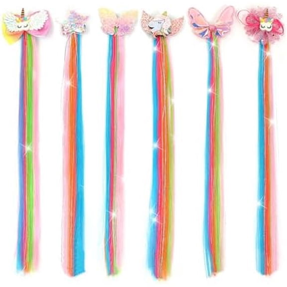 6 count Unicorn Hair Bows Hair Clips For Girls Rainbow Hair Extensions For Ponytails Hand-made Cute Glitter Hair Accessories