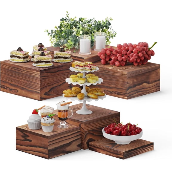 6 count Wooden Buffet Risers, Display Risers for , Wooden Square Risers Display Stands, Risers for Buffet Table (10", 9" , 8", 7", 6", 5") with 67" Faux Greenery Vine