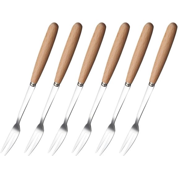 6 count Wooden Handle Stainless Steel Two Prong Forks Fruit Cake Appetizer Forks