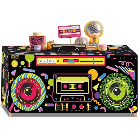 6 feet 80s 90s theme tablecloth, 80s birthday tablecloth, retro radio tablecloth, hip hop party decoration, 90s theme supplies, for back to the 80s 90s hip hop birthday party decoration supplies
