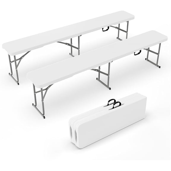 6 feet Folding Bench,Portable Outdoor Bench for Picnic Party Camping | Foldable Bench with Handle, Lightweight, HDPE Tabletop - BBQs, Sporting Events, and Temporary Seating (2, White, 6ft)