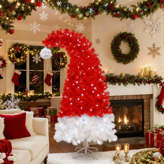 6-foot Santa Hat Christmas Tree,Christmas Trees with Lights,1050 Branches, 300 LED Lights, Metal Frame, Indoor and Outdoor Christmas decorations in Red