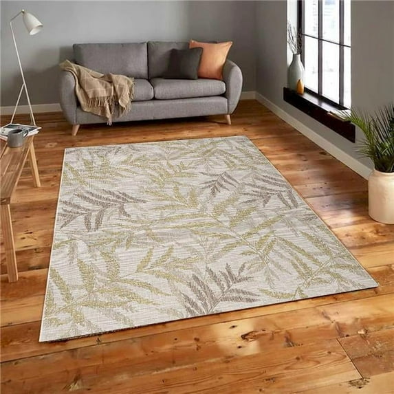 6 ft. 7 in. x 9 ft. Carnival Ivory, Sand & Green Leaf Patterned Indoor & Outdoor Rectangle Area Rug