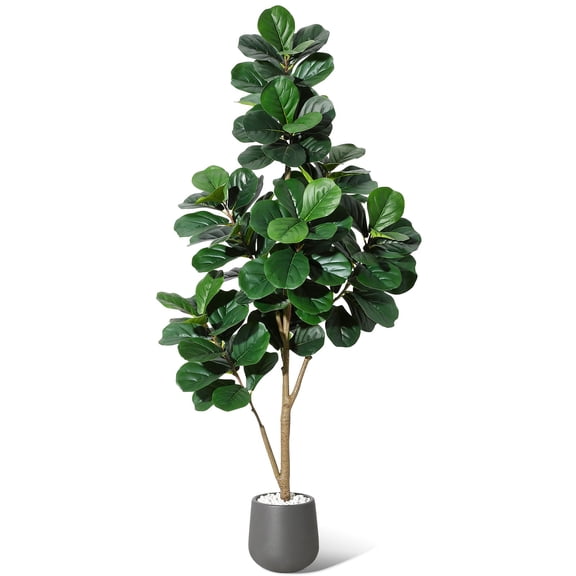 6 ft Artificial Fiddle Leaf Fig Tree with White Planter, Fake Tree Realistic Faux Ficus Lyrata Trees for Home Decor, Faux Ficus Tree for Home Office Living Room Decor, Housewarming Gift