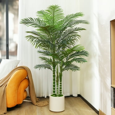 6 ft Artificial Golden Cane Palm Tree with Large White Planter, Faux Palm Plants in Pot