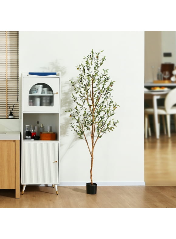6 ft Artificial Olive Plants with Realistic Leaves and Natural Trunk, Silk Fake Potted Tree with Wood Branches and Fruits, Faux Olive Tree for Office Home Decor