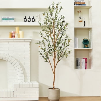 DR.Planzen 6 ft Artificial Olive Plants with Realistic Leaves and Natural Trunk, Silk Fake Olive Tree in Black Plastic Pot, Faux Olive Tree for Office Home