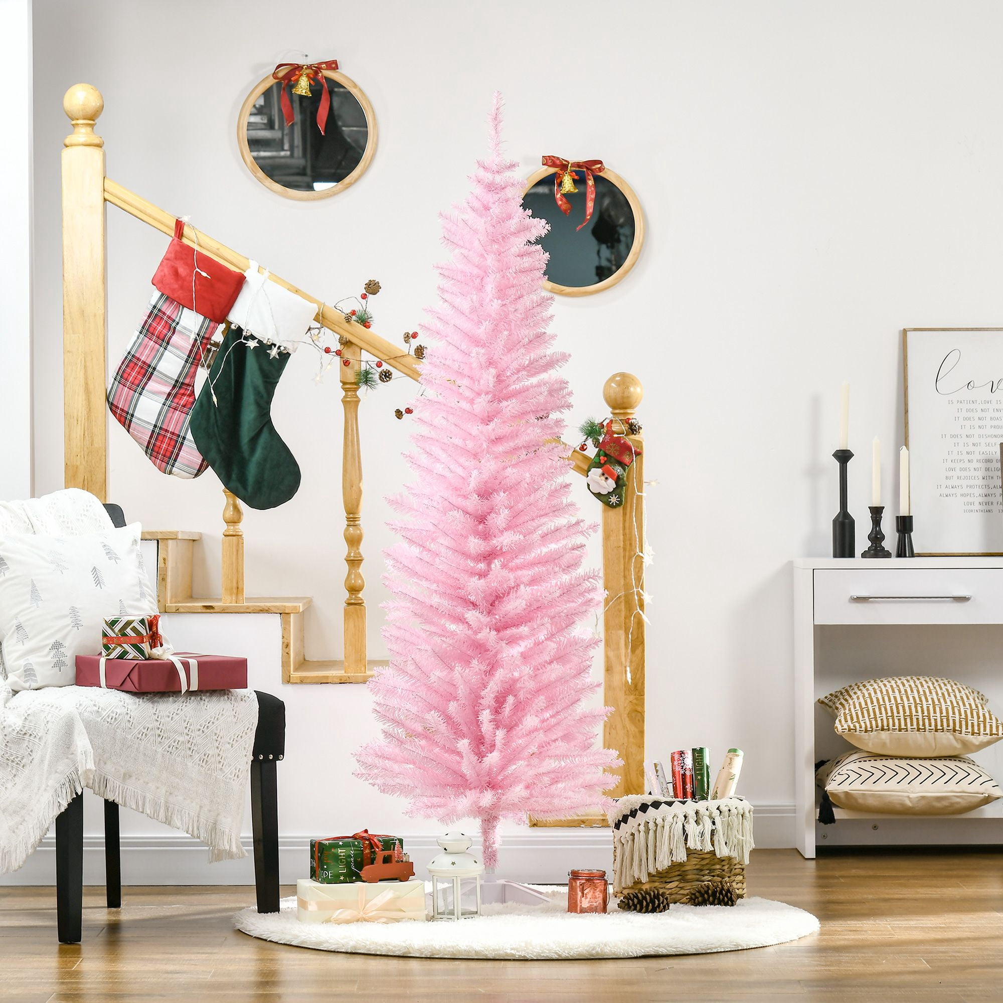 6 ft Artificial Pencil Christmas Tree, Slim Unlit Xmas Tree with 390 Branch Tips and Plastic Stand for Small Rooms and Apartments