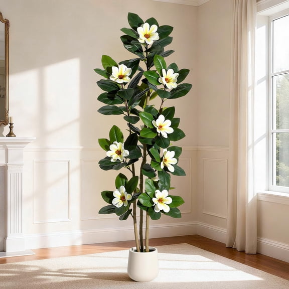 6 ft Artificial Plants Indoor with Real Touch Leaves and Multi Trunks, Faux Potted Rubber Tree Home, Office, Outdoor Decor, White