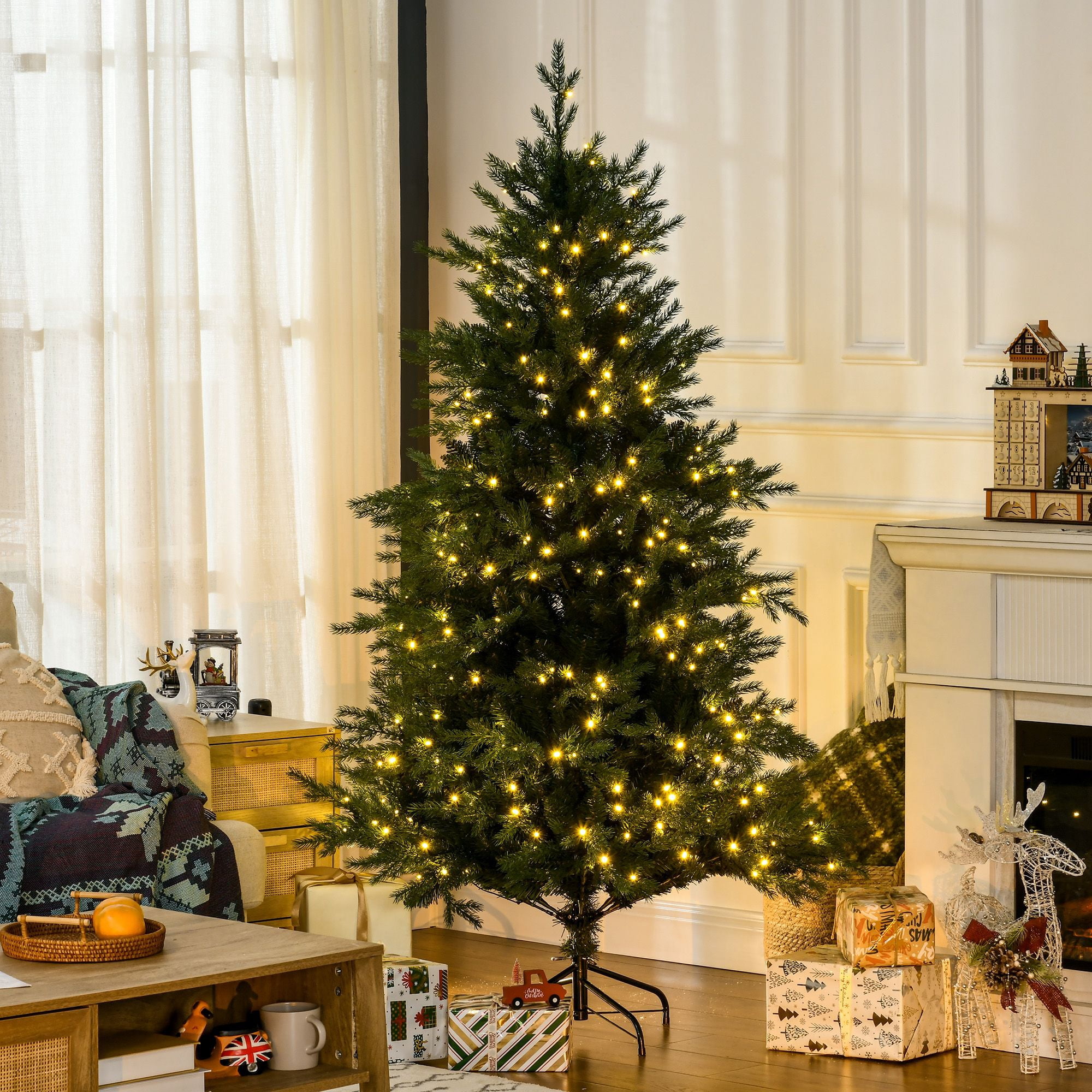 6 ft Artificial Prelit Christmas Tree with Warm White LED Lights, 8 Light Modes, Auto Open, 2328 Tips, 43.25 in Diameter, Indoor Holiday Decor