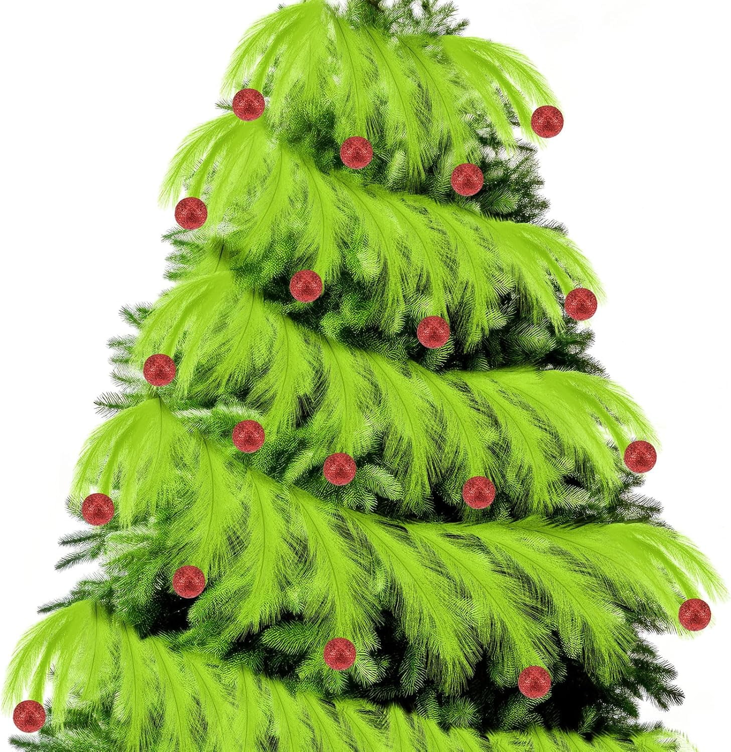 6 ft Christmas Tree Garland Decoration Lime Green Pampas Grass Garland with Red Ball Faux Artificial Fabric Feathers for Mantle Xmas Tree Home Farmhouse Holiday Party Supplies